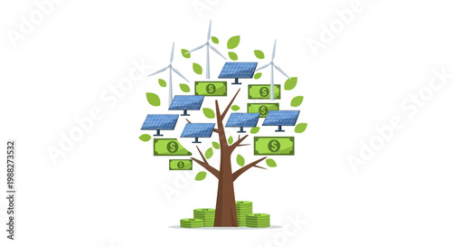 Conceptual illustration of a money tree featuring solar panels and wind turbines. EPS Editable. Vector Illustrations.
