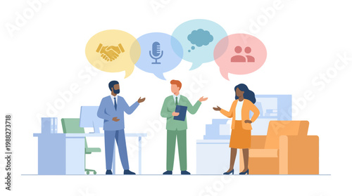 Diverse Business Professionals Collaborating and Communicating in a Modern Office Setting. EPS Editable. Vector Illustrations.