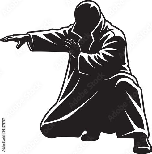 Martial arts master in dynamic combat stance, black and white vector silhouette of kung fu fighter, traditional warrior in long robe graphic
