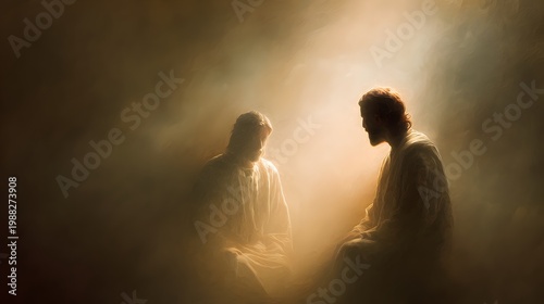 prompt Jesus healed and restored sight to the blind while the healed man gazes toward Jesus within a gentle aura of glowing light surrounding both figures, the environment abstract and uncluttered rep
