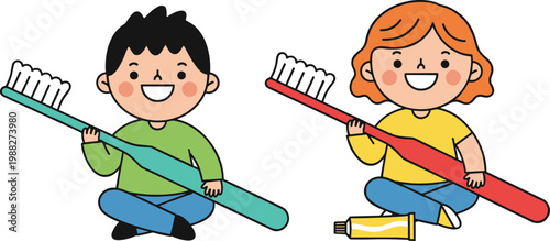 Cartoon vector illustration of kids brushing teeth showing dental hygiene with fun playful design