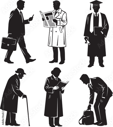 Vintage silhouette people collection, set of 6 retro male figures in suits and coats, classic businessman and academic character vector icons