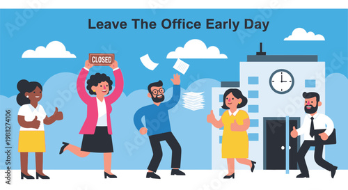 People leaving office early on a happy day with coworkers