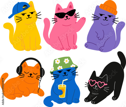 Flat cute cats set in different poses, modern minimal vector illustration
