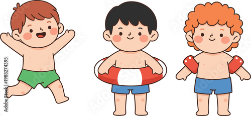 Cartoon vector illustration of playful children in swimwear with swim ring and inflatable armbands enjoying summer water fun