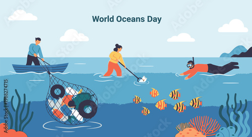 People cleaning ocean with nets and collecting trash on World Oceans Day