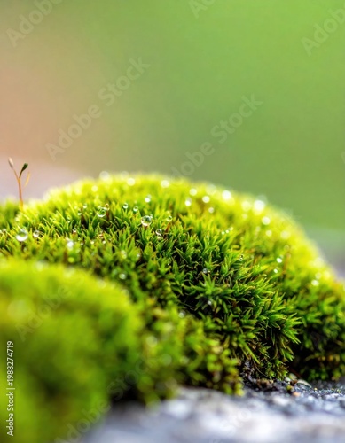 Macro closeup of vibrant green moss with shimmering water droplets, soft focus forest floor, natural textures, ecological growth, morning dew