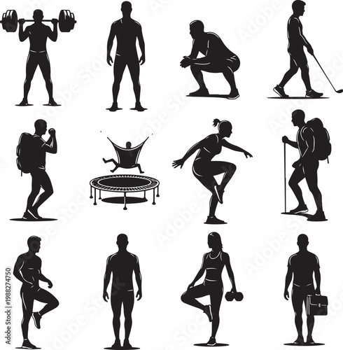 Athletic people silhouettes set, 12 fitness and outdoor activity icons, black vector figures for sports gym and hiking lifestyle graphics