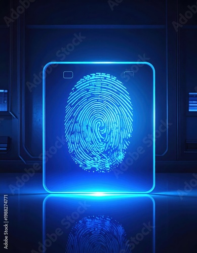 Digital fingerprint scan on glowing blue screen, biometric data security, authentication, identification access, futuristic cyber identity verification