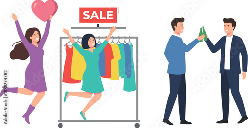 Cartoon vector illustration of shopping and celebration showing leisure activities with fun social design