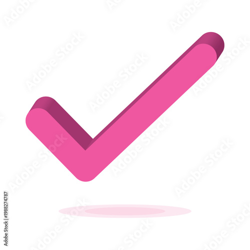 Modern 3D Pink Checkmark Icon for Success, Task Completed, Choice and Verification. Vibrant Magenta Tick Symbol Isolated on White Background for Web and App User Interface Design Graphic.