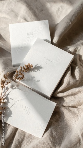 Stack of white stationery paper cards with dried floral sprigs on a rustic linen textile, minimal aesthetic for wedding invitations and branding