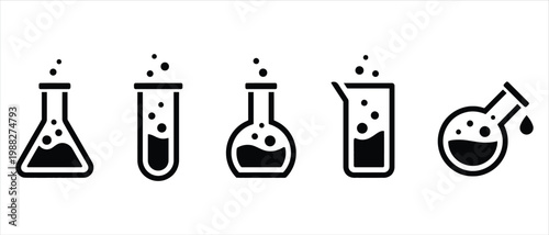Minimalist chemistry glassware icons, laboratory flask and test tube vector set, scientific research equipment symbols for education and biotech