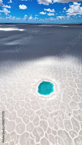 Aerial view of a salt lake with hexagonal patterns and a bright turquoise sinkhole under a blue sky, geological formations, natural earth textures