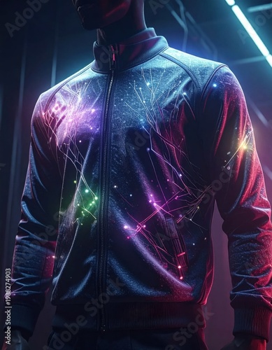 Man wearing glittering sequin jacket reflecting neon lights in dark atmosphere, urban nightlife style, fashion photography, futuristic apparel