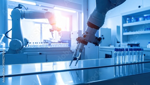 Automated robotic arms processing vials on a production line, pharmaceutical manufacturing, biotechnology automation, precision engineering, industry 4.0
