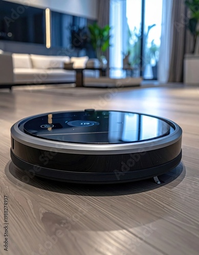 modern robotic vacuum cleaner working on wooden floor in contemporary living room, automated housework, smart home technology, efficient cleaning solution