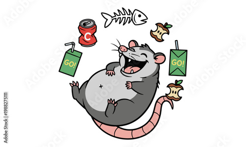 Cartoon Opossum Laughing with Food Scraps and Recyclable Trash