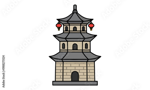 Chinese Pagoda Vector Illustration with Lanterns on White