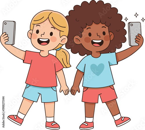 Cartoon vector illustration of two cheerful children holding hands and taking selfies with smartphones showing friendship
