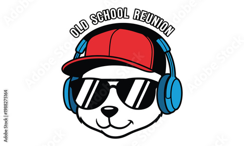 Panda Head with Red Cap and Blue Headphones Vector Illustration