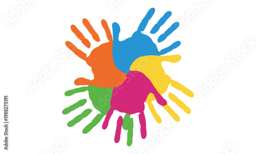Multi-colored handprints in a circular pattern on white background
