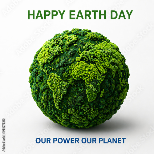 Happy Earth Day poster featuring a green moss globe world map with the slogan Our Power Our Planet, an eco-friendly environmental awareness design on white background