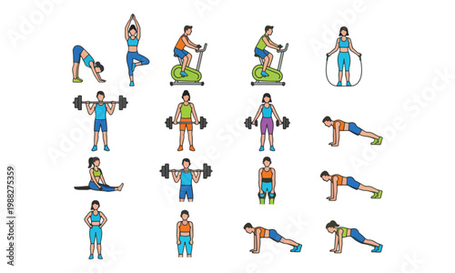 Fitness People Icons Set Performing Gym Workouts and Yoga