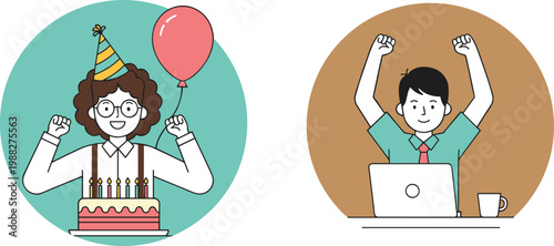 Colorful vector illustration of birthday party celebration and office success achievement shown in two cheerful circular scenes