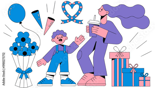 A colorful illustration of a woman and a child celebrating a special occasion with gifts and flowers