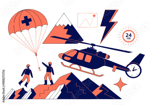 A vector graphic illustration of emergency responders in action with a helicopter and parachute in a mountainous terrain.