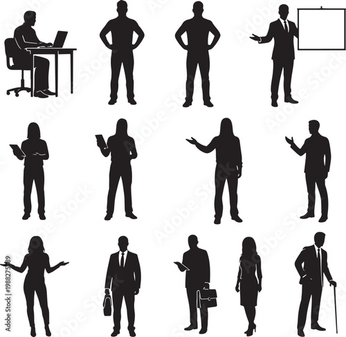 Professional business people silhouettes set, corporate office workers and entrepreneurs in various poses, 13 black vector figures for presentation