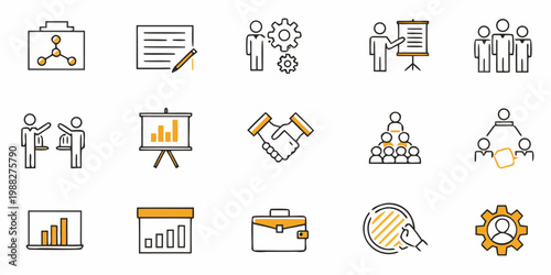 Collection of colorful business and strategy related outline icons