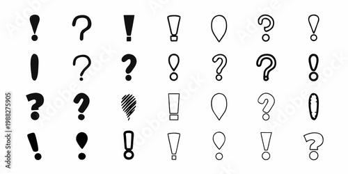 Collection of hand drawn question marks and exclamation points on white