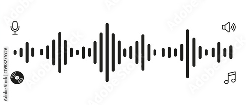 Minimalist digital sound wave vector, black audio frequency waveform, music production equalizer bars with microphone and speaker icons
