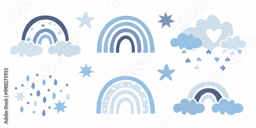 Blue rainbow and cloud set with stars and raindrops illustration