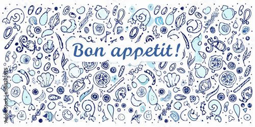 Hand drawn doodle of food items with a french bon appetit message