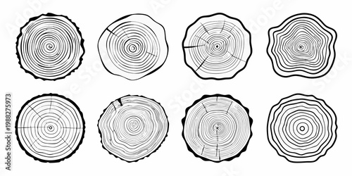 Eight black and white illustrations of tree stump cross sections