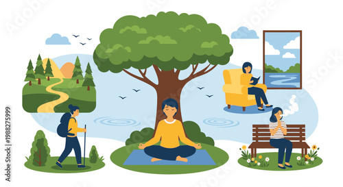 People enjoying outdoor and indoor activities in a serene natural landscape