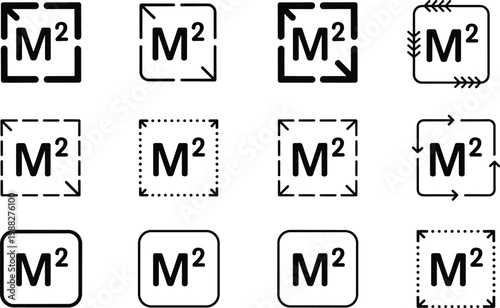 Creative vector illustration of twelve unique logo designs featuring M squared symbol inside decorative square borders