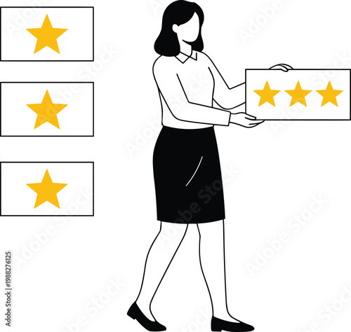 Creative vector illustration of person holding four‑star rating sign comparing customer feedback and product review quality concept