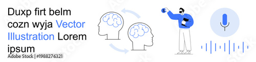 Artificial intelligence, communication, data analysis, voice recognition, brainstorming, digital media. Brain icons with rotation arrows, person holding tablet microphone sound waves. Artificial