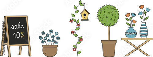 Decorative garden shop vector illustration with flower pots, birdhouse, sale sign, blooming plants, and colorful floral arrangement