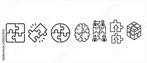 Minimalist puzzle icon set, black line business teamwork symbols, brain and cube jigsaw elements, 7 vector icons for problem solving and logic
