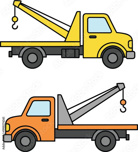 Detailed vector illustration of two colorful tow trucks with crane arms and hooks in yellow and orange variations