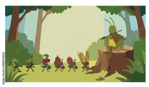 Grasshopper Playing Violin with Ants Carrying Food in Whimsical Forest Vector Illustration