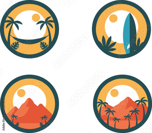 Minimalist vector illustration of four circular tropical and desert landscapes with palm trees, surfboard, hammock, and mountains
