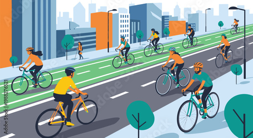 Cyclists ride along a city bike lane with buildings and trees nearby.