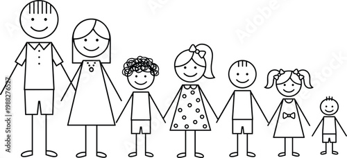 Minimalist black and white stick figure illustration of diverse family holding hands together in unity and connection