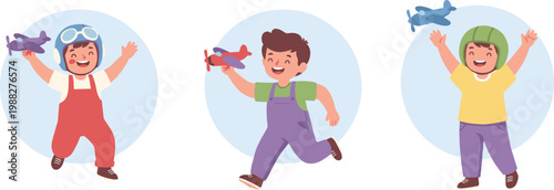 Playful vector illustration of three cartoon children with toy airplanes pretending to be pilots in imaginative activity